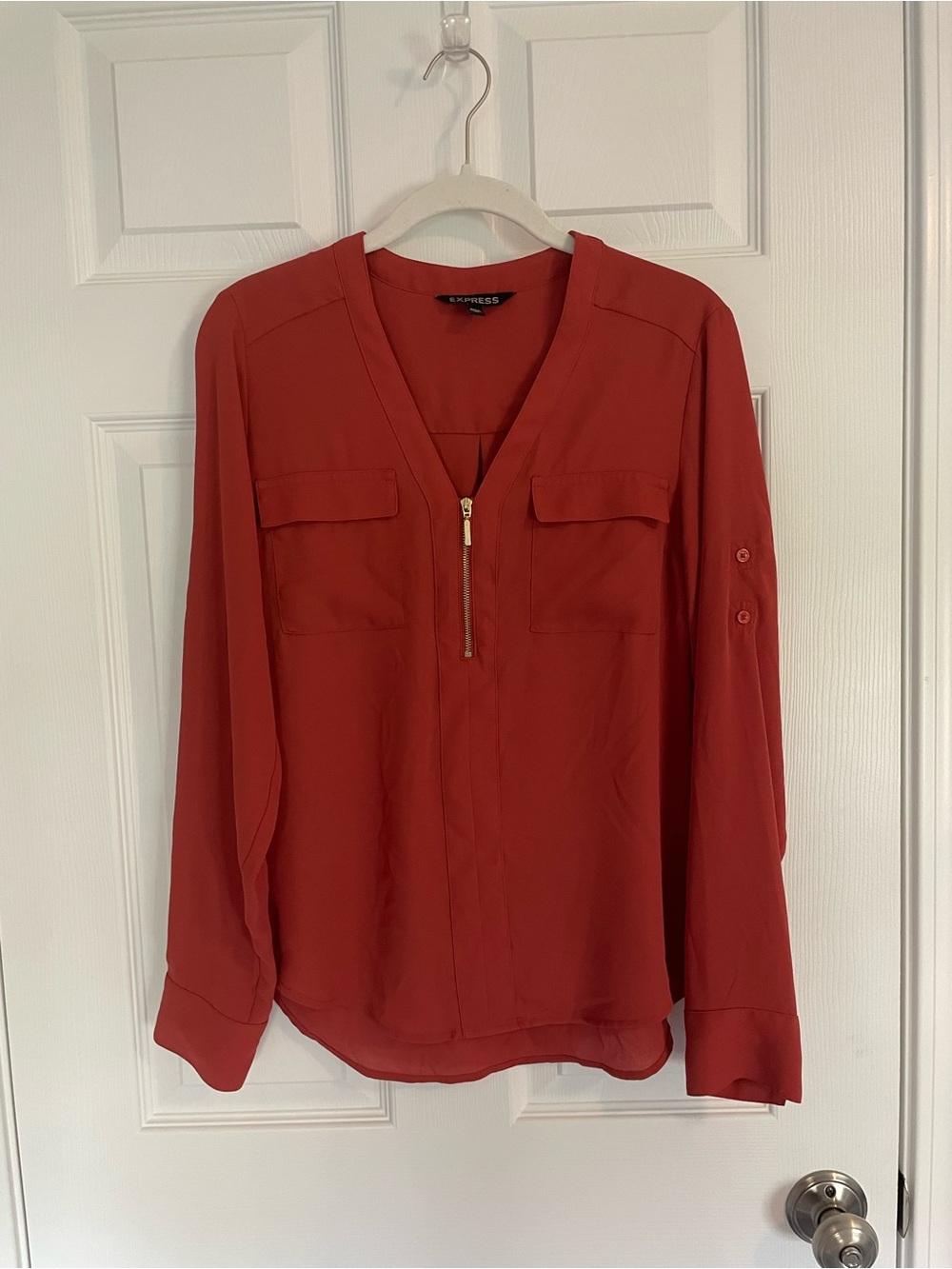 Express Women's Red Zip-Front Long Sleeve Blouse